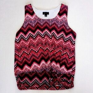 AB Studio Women’s Red Navy Blue Zigzag Print Tank O-Ring Accent Waist Blouse XL